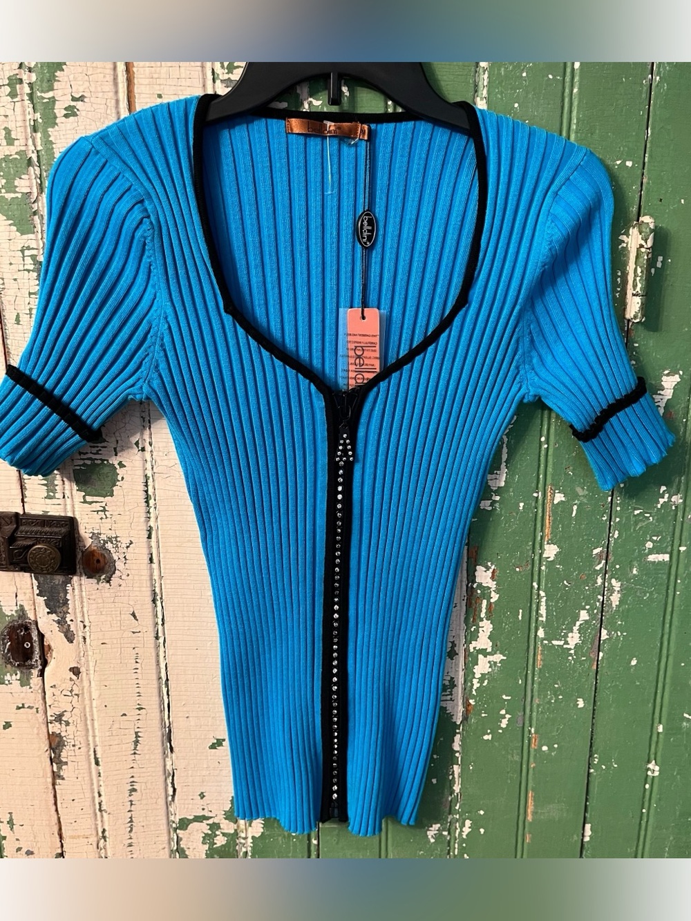Belldini Turquoise Sweater Ribbed Rhinestones Zip-Front Crop Top Black Trim Med
